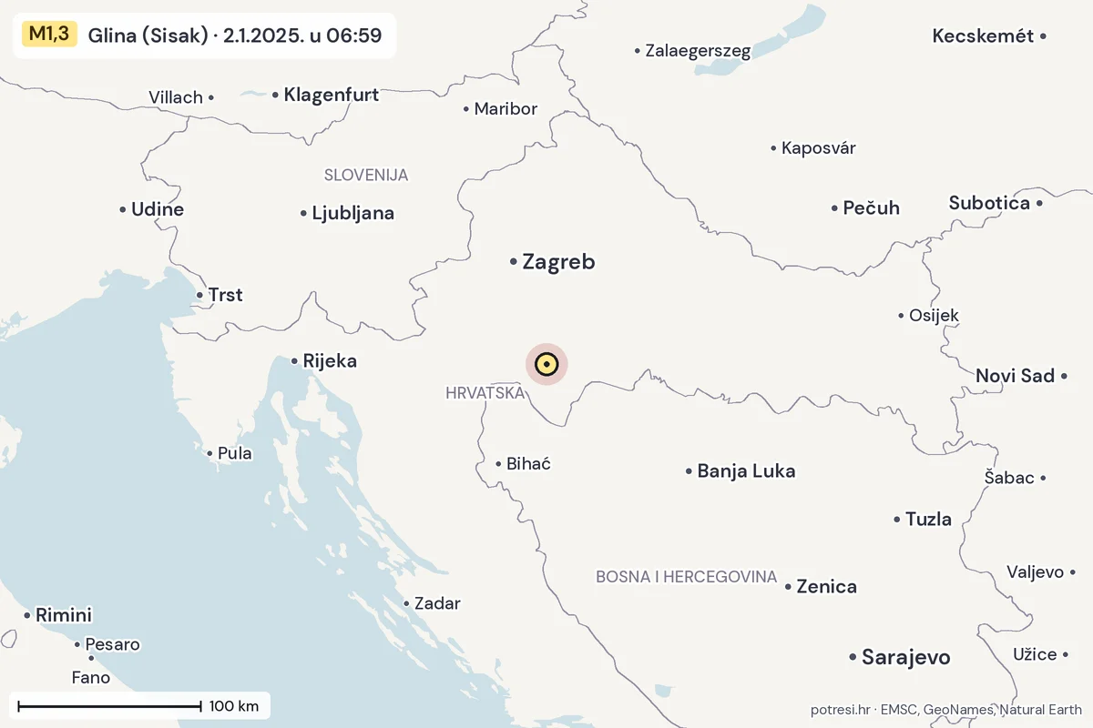Karta: šire područje, 600 km, potres M1,3, Glina (Sisak), 2.1.2025.