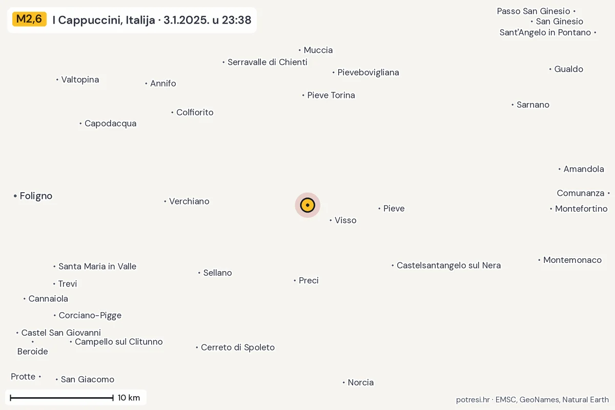 Karta: okolica epicentra, 60 km, potres M2,6, I Cappuccini, Italija, 3.1.2025.