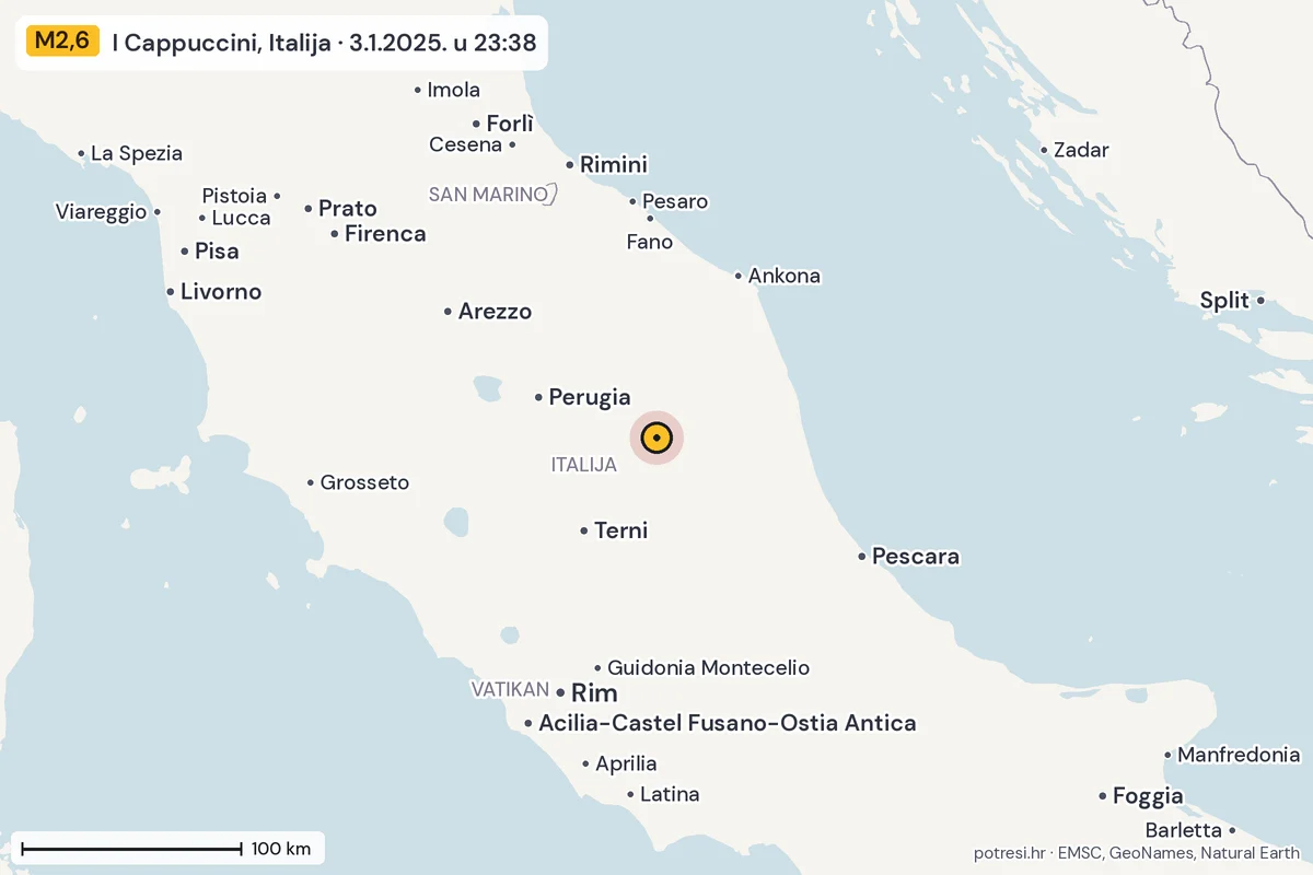 Karta: šire područje, 600 km, potres M2,6, I Cappuccini, Italija, 3.1.2025.
