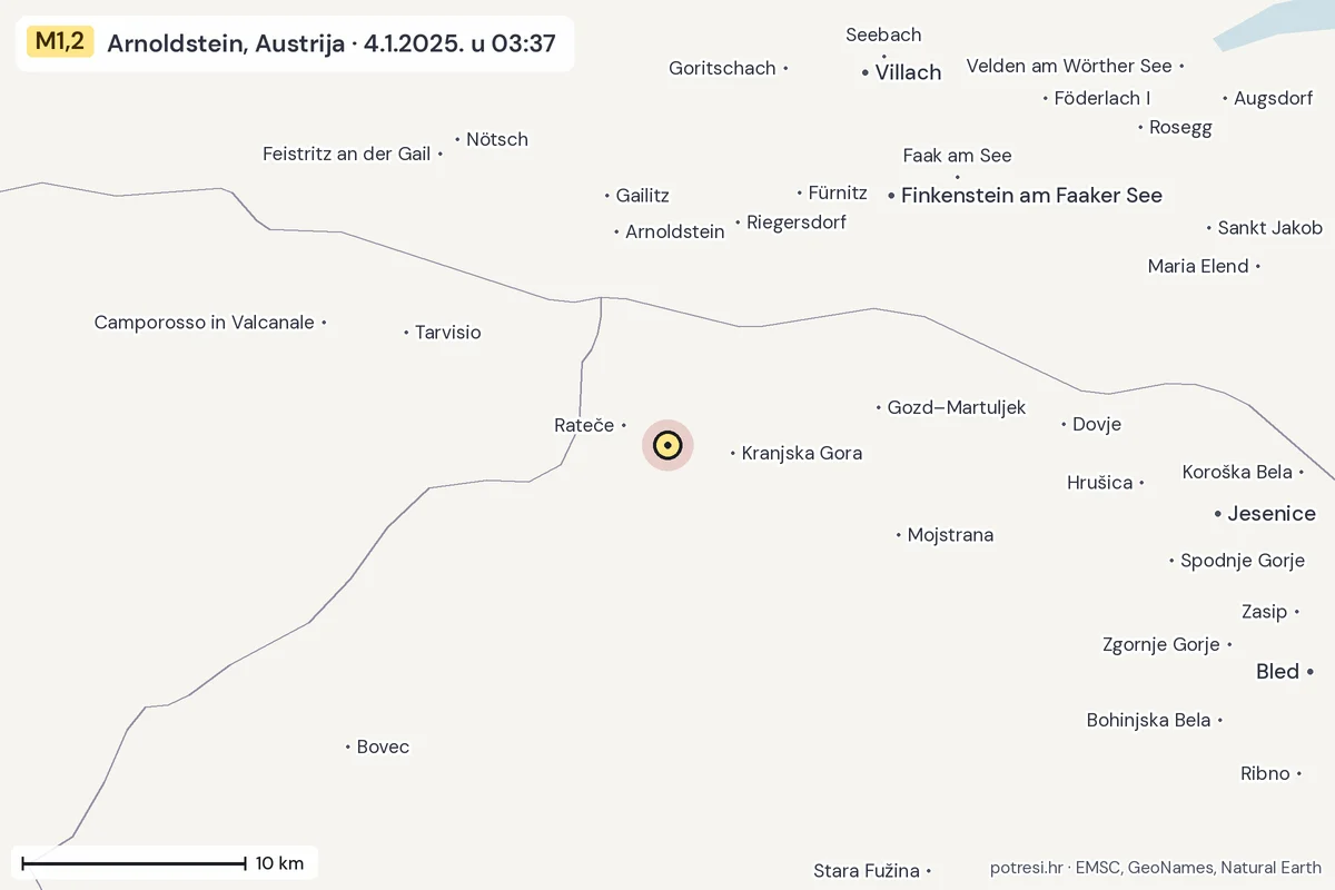 Karta: okolica epicentra, 60 km, potres M1,2, Arnoldstein, Austrija, 4.1.2025.