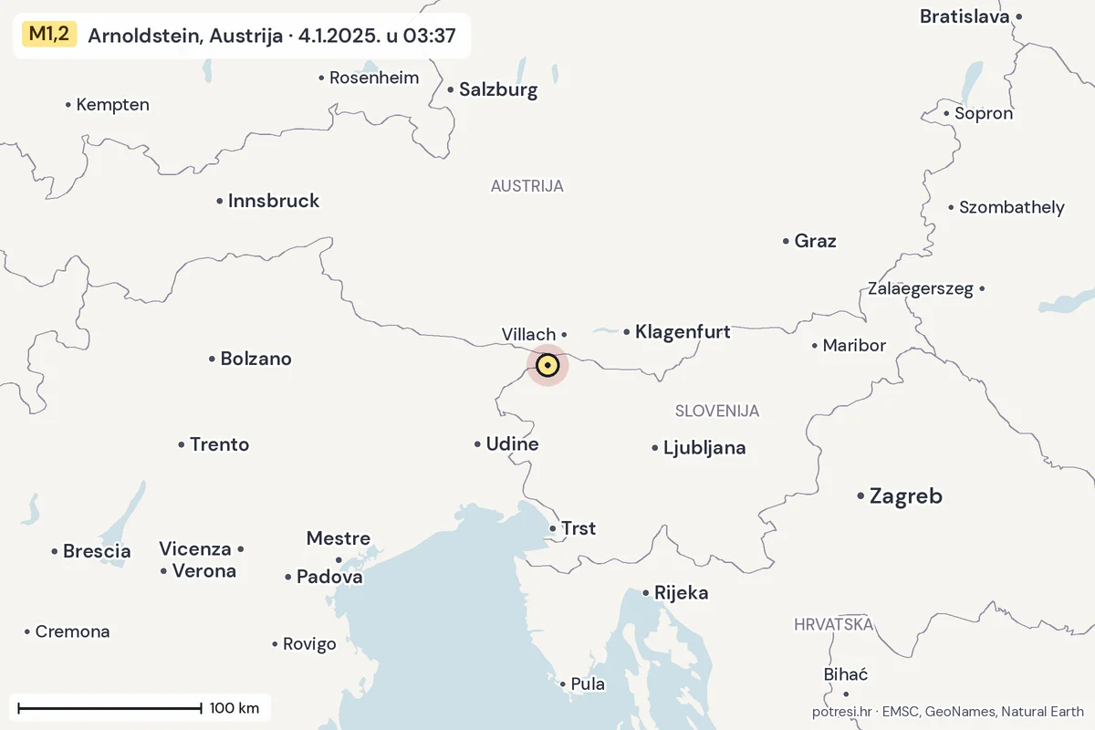 Karta: šire područje, 600 km, potres M1,2, Arnoldstein, Austrija, 4.1.2025.