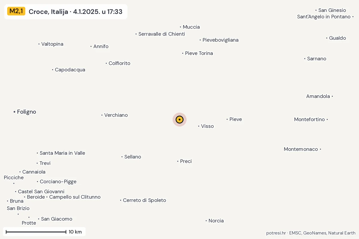 Karta: okolica epicentra, 60 km, potres M2,1, Croce, Italija, 4.1.2025.