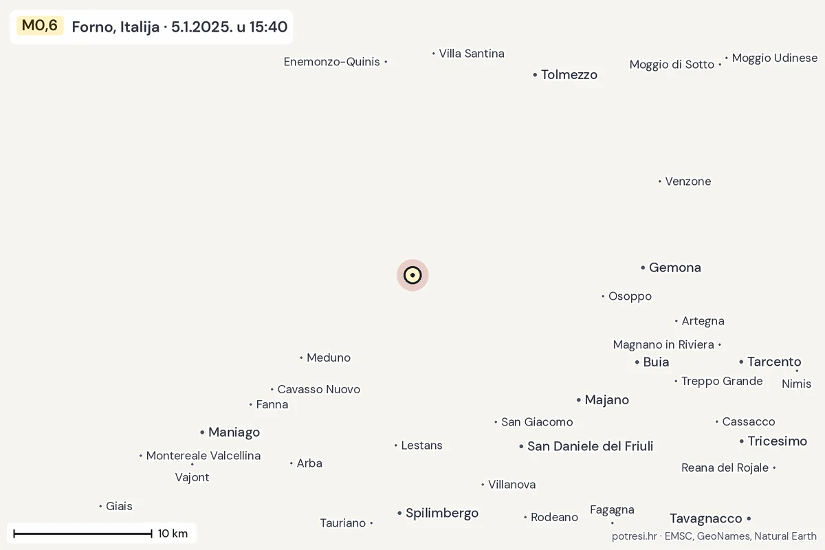 Karta: okolica epicentra, 60 km, potres M0,6, Forno, Italija, 5.1.2025.
