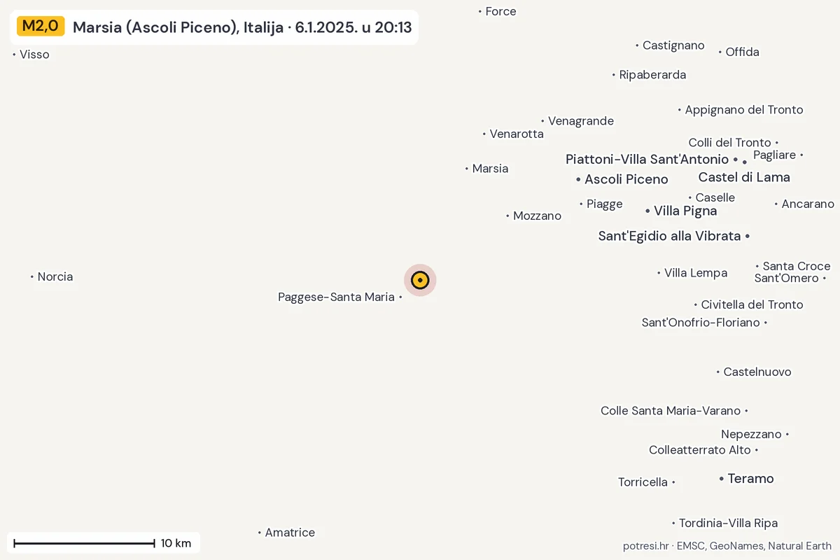 Karta: okolica epicentra, 60 km, potres M2,0, Marsia (Ascoli Piceno), Italija, 6.1.2025.
