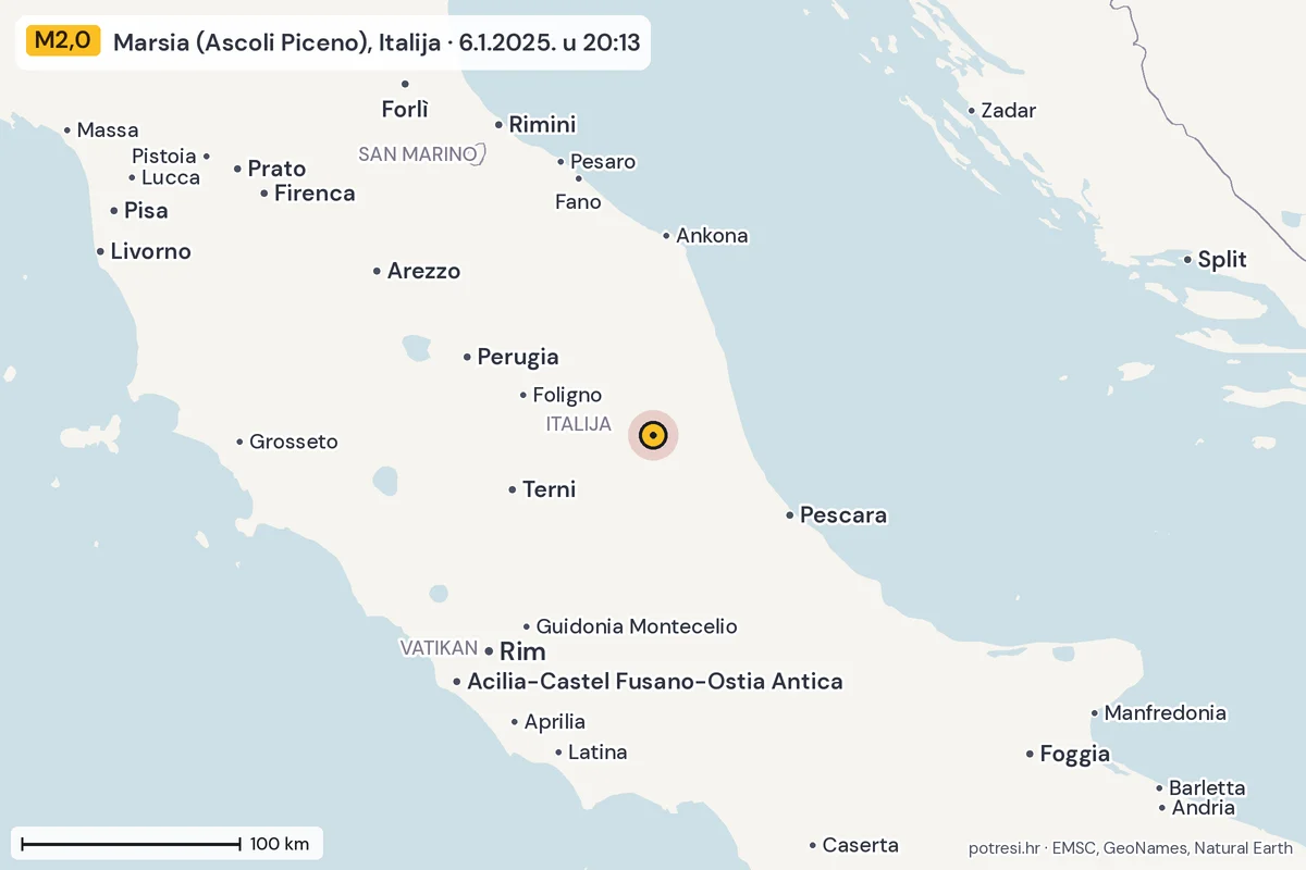 Karta: šire područje, 600 km, potres M2,0, Marsia (Ascoli Piceno), Italija, 6.1.2025.