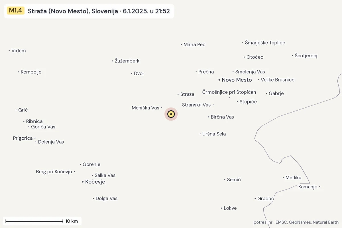 Karta: okolica epicentra, 60 km, potres M1,4, Straža (Novo Mesto), Slovenija, 6.1.2025.