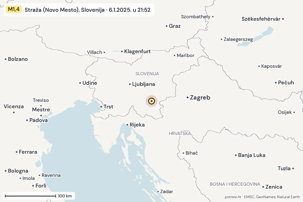 Karta: šire područje, 600 km, potres M1,4, Straža (Novo Mesto), Slovenija, 6.1.2025.