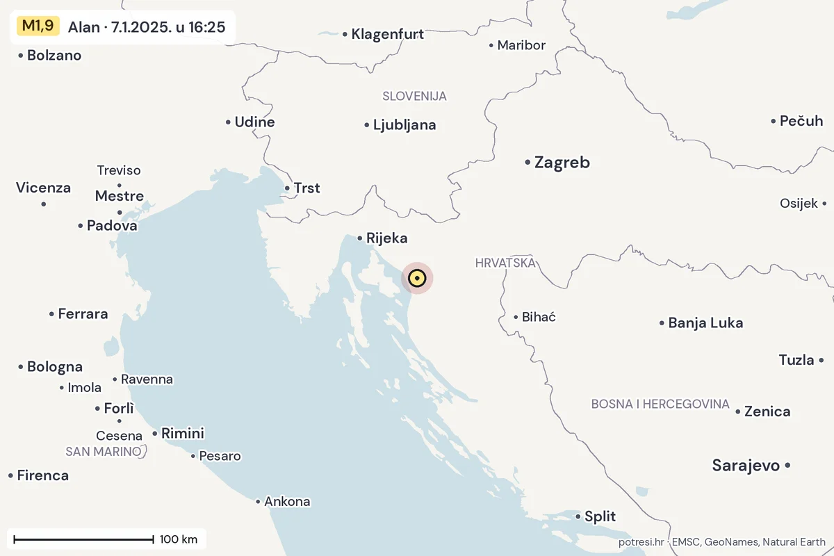 Karta: šire područje, 600 km, potres M1,9, Alan, 7.1.2025.