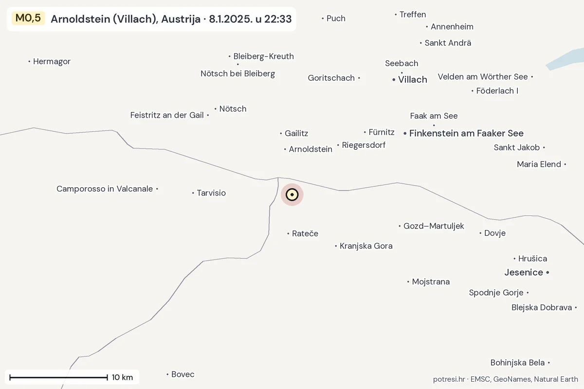 Karta: okolica epicentra, 60 km, potres M0,5, Arnoldstein (Villach), Austrija, 8.1.2025.