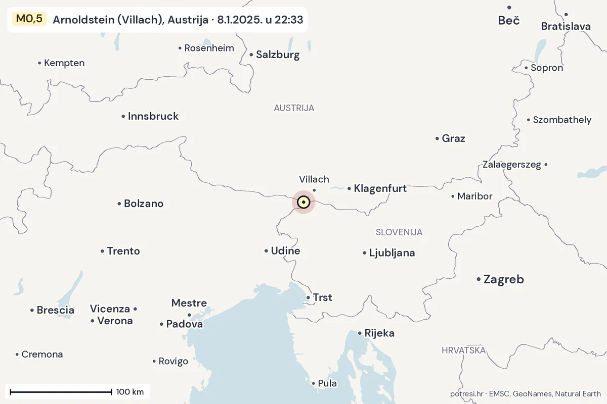 Karta: šire područje, 600 km, potres M0,5, Arnoldstein (Villach), Austrija, 8.1.2025.