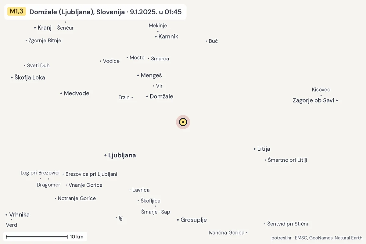 Karta: okolica epicentra, 60 km, potres M1,3, Domžale (Ljubljana), Slovenija, 9.1.2025.