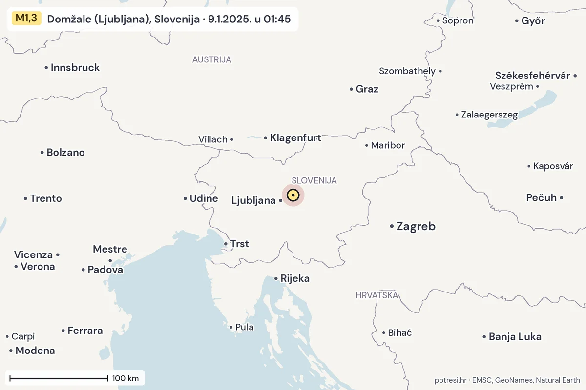 Karta: šire područje, 600 km, potres M1,3, Domžale (Ljubljana), Slovenija, 9.1.2025.