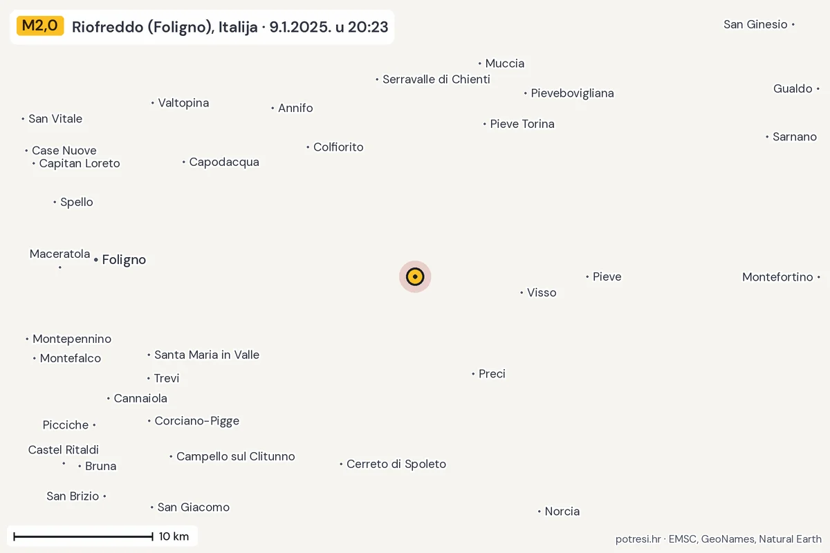 Karta: okolica epicentra, 60 km, potres M2,0, Riofreddo (Foligno), Italija, 9.1.2025.