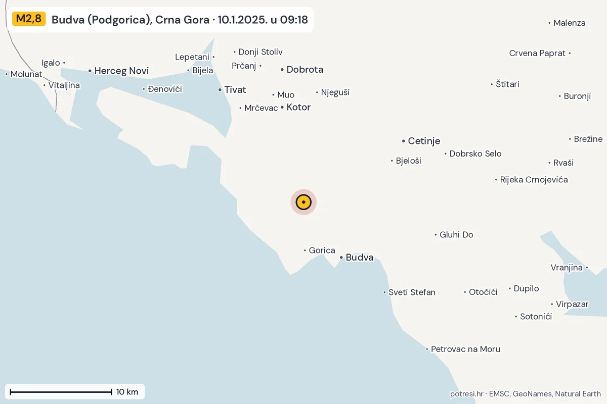 Karta: okolica epicentra, 60 km, potres M2,8, Budva (Podgorica), Crna Gora, 10.1.2025.