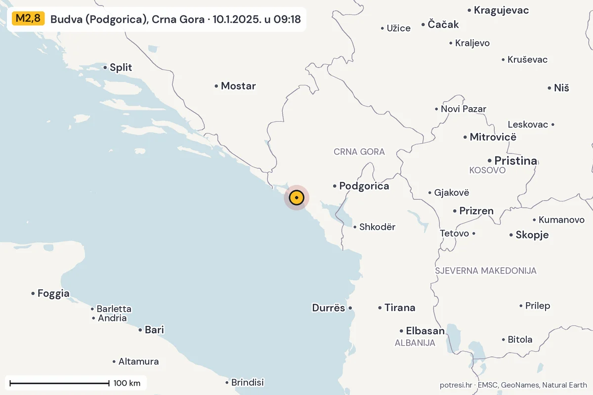 Karta: šire područje, 600 km, potres M2,8, Budva (Podgorica), Crna Gora, 10.1.2025.
