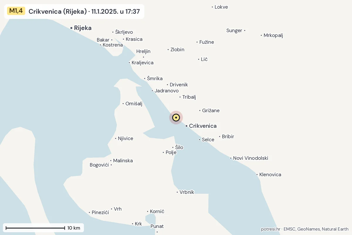 Karta: okolica epicentra, 60 km, potres M1,4, Crikvenica (Rijeka), 11.1.2025.