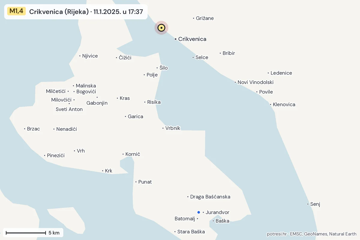 Karta: izvješća građana, potres M1,4, Crikvenica (Rijeka), 11.1.2025.