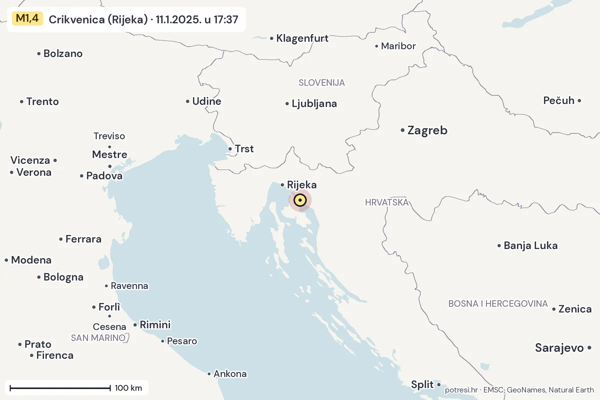 Karta: šire područje, 600 km, potres M1,4, Crikvenica (Rijeka), 11.1.2025.