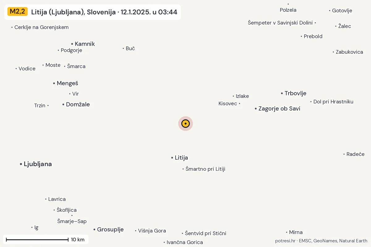 Karta: okolica epicentra, 60 km, potres M2,2, Litija (Ljubljana), Slovenija, 12.1.2025.