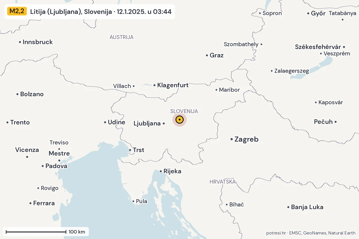 Karta: šire područje, 600 km, potres M2,2, Litija (Ljubljana), Slovenija, 12.1.2025.