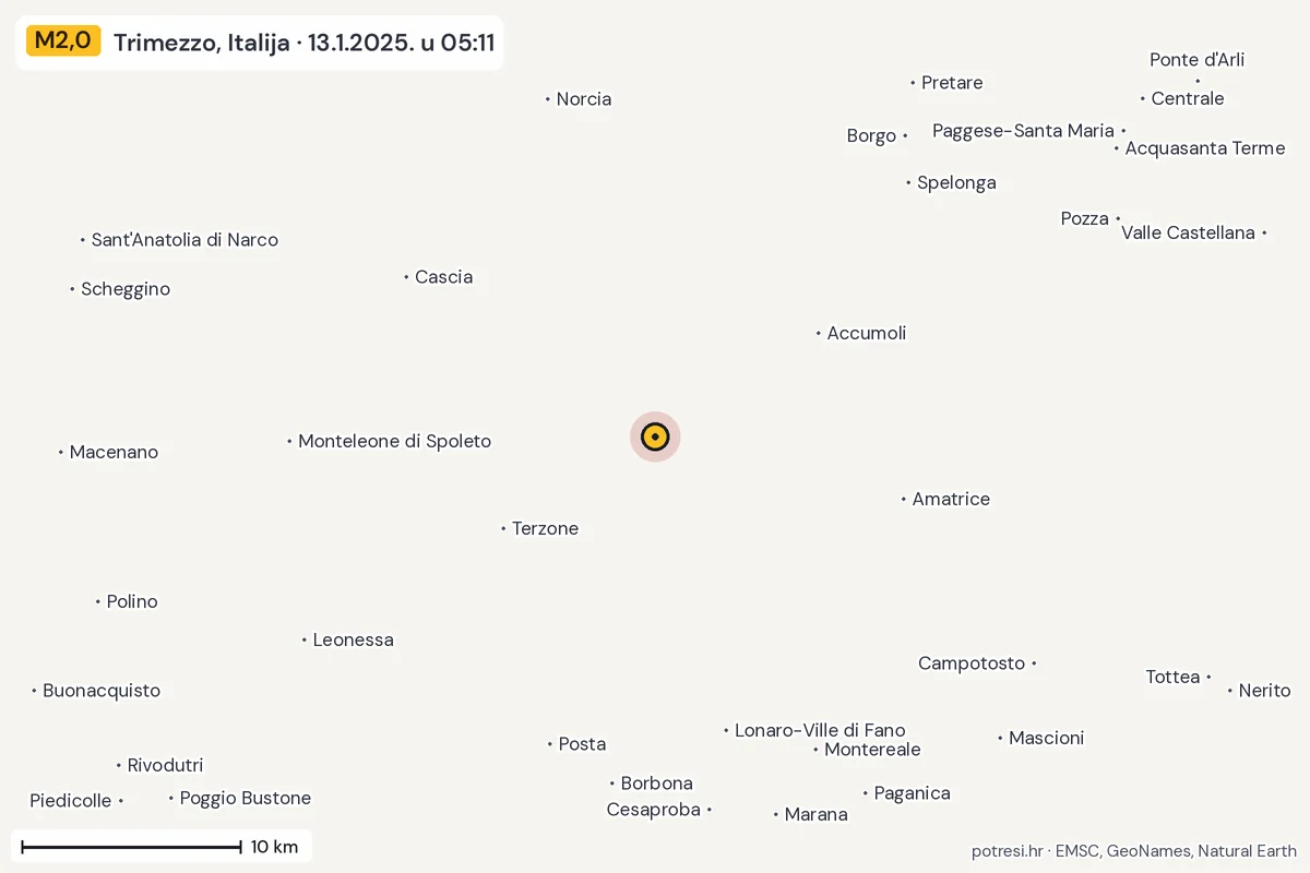 Karta: okolica epicentra, 60 km, potres M2,0, Trimezzo, Italija, 13.1.2025.