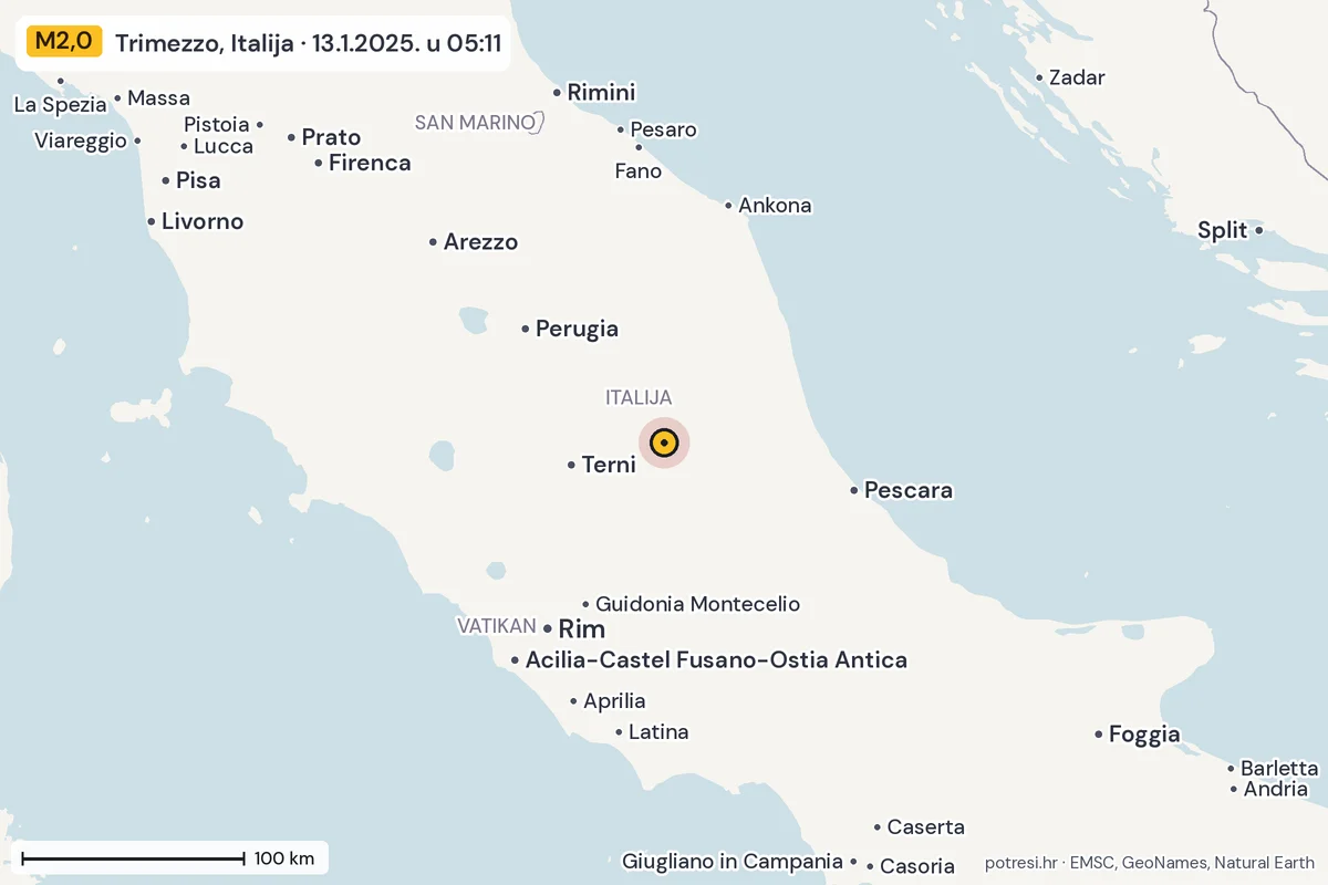 Karta: šire područje, 600 km, potres M2,0, Trimezzo, Italija, 13.1.2025.