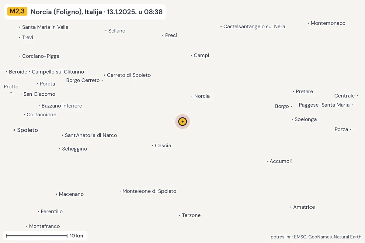 Karta: okolica epicentra, 60 km, potres M2,3, Norcia (Foligno), Italija, 13.1.2025.