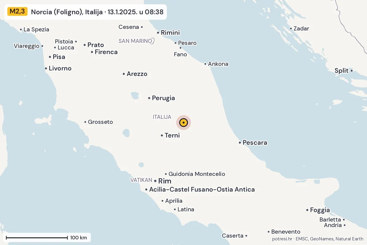 Karta: šire područje, 600 km, potres M2,3, Norcia (Foligno), Italija, 13.1.2025.