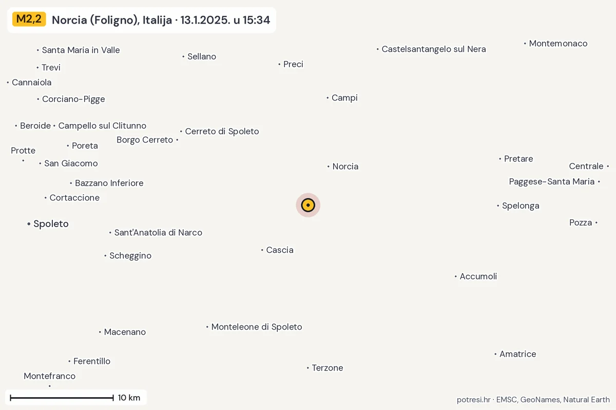 Karta: okolica epicentra, 60 km, potres M2,2, Norcia (Foligno), Italija, 13.1.2025.