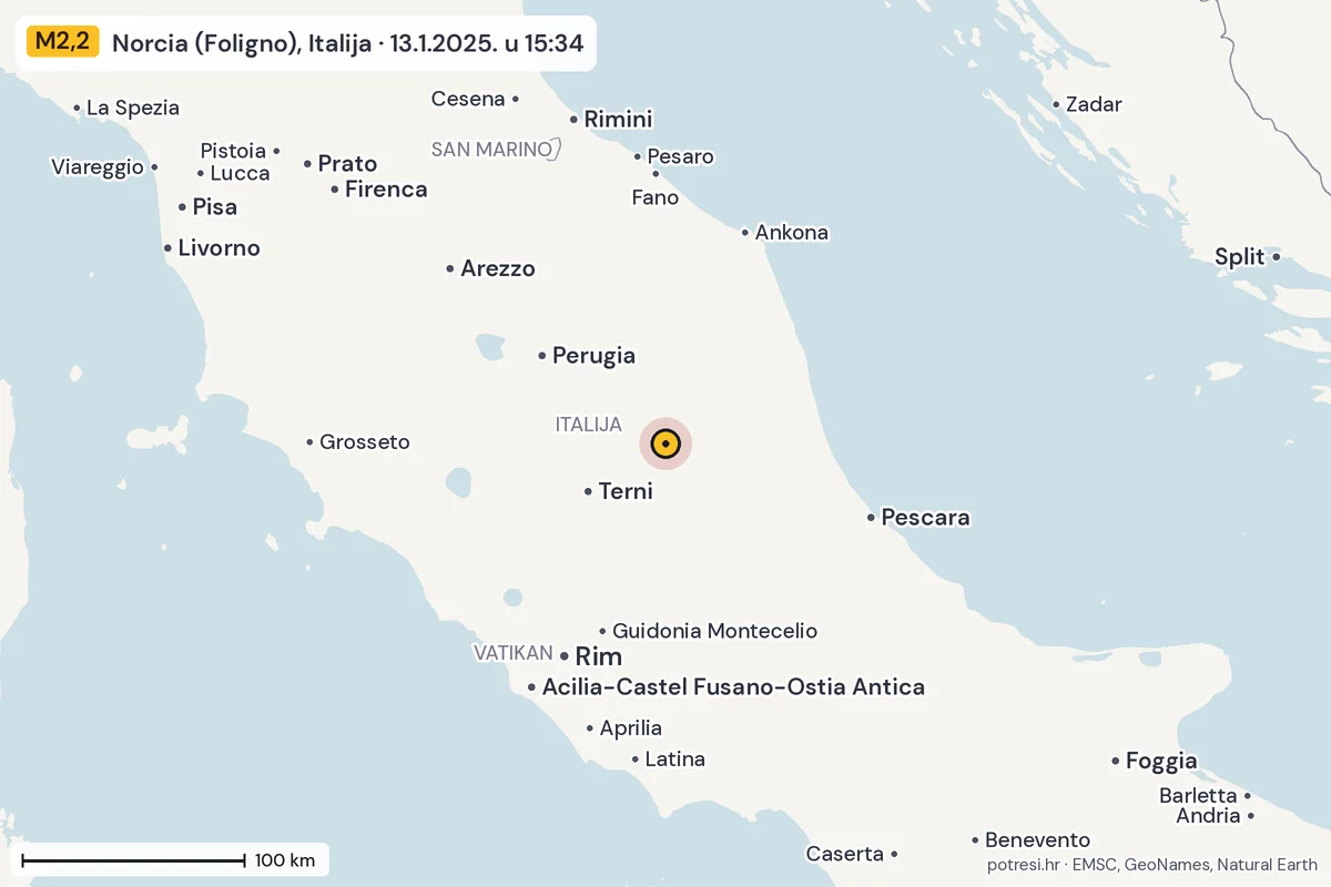 Karta: šire područje, 600 km, potres M2,2, Norcia (Foligno), Italija, 13.1.2025.
