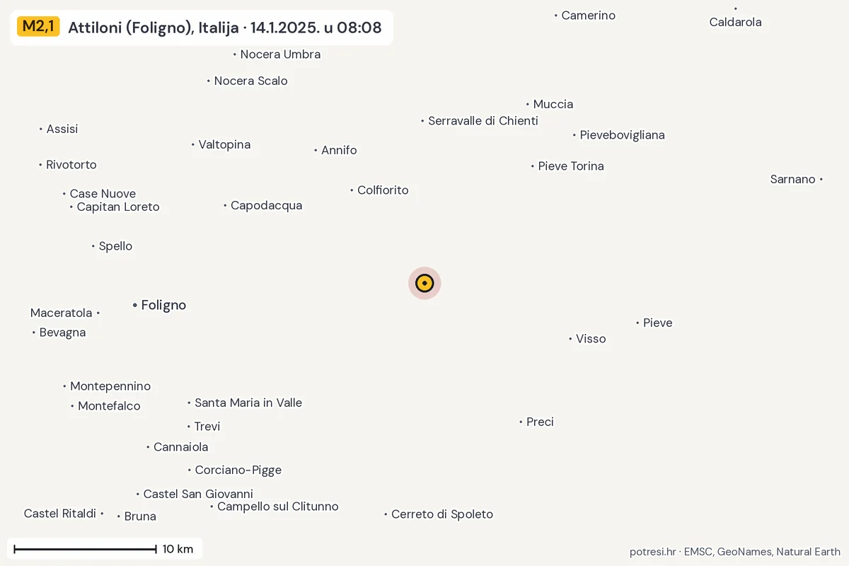 Karta: okolica epicentra, 60 km, potres M2,1, Attiloni (Foligno), Italija, 14.1.2025.