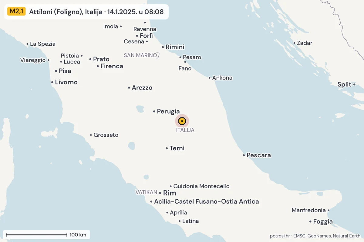 Karta: šire područje, 600 km, potres M2,1, Attiloni (Foligno), Italija, 14.1.2025.