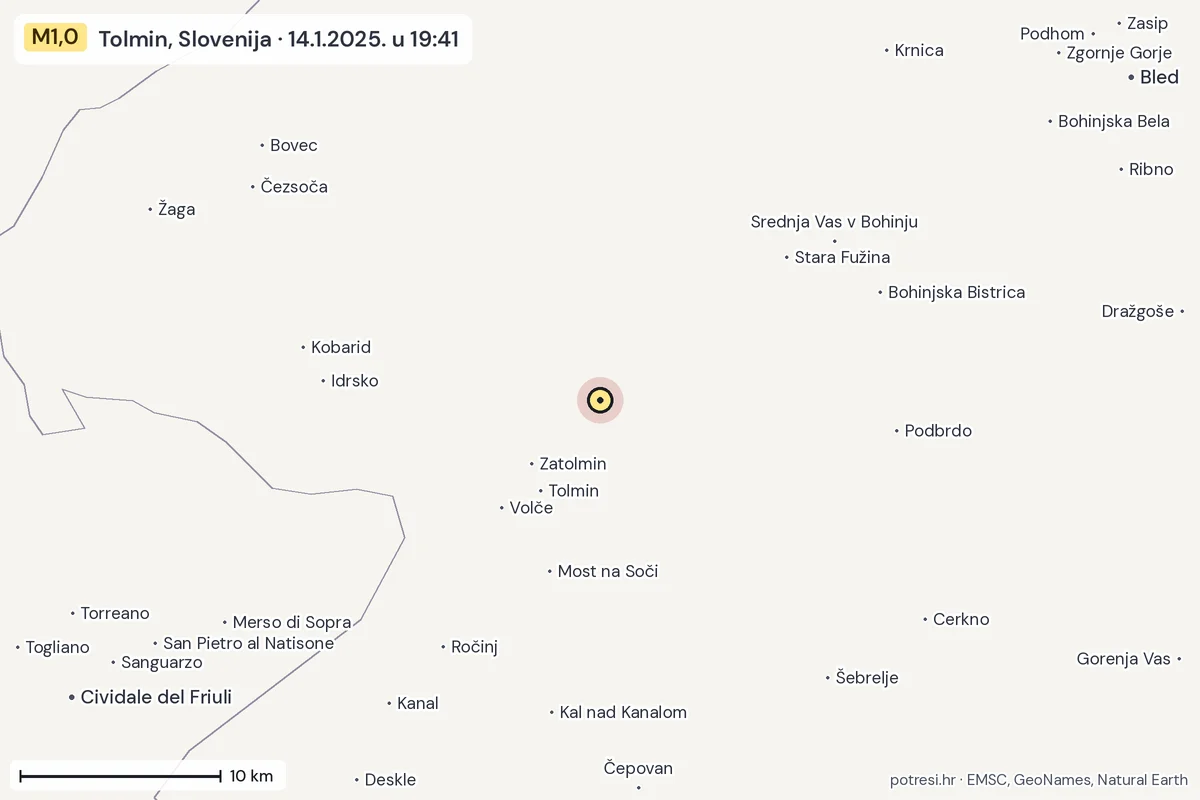 Karta: okolica epicentra, 60 km, potres M1,0, Tolmin, Slovenija, 14.1.2025.
