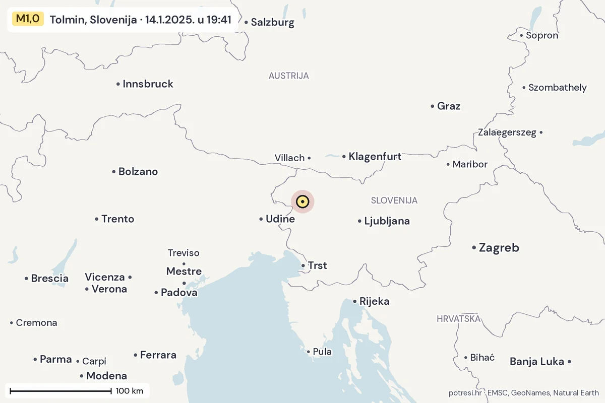 Karta: šire područje, 600 km, potres M1,0, Tolmin, Slovenija, 14.1.2025.