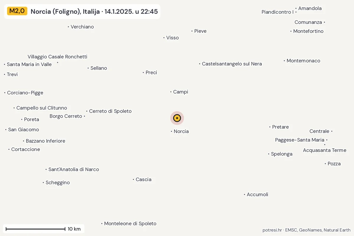 Karta: okolica epicentra, 60 km, potres M2,0, Norcia (Foligno), Italija, 14.1.2025.