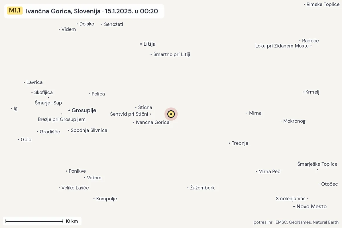 Karta: okolica epicentra, 60 km, potres M1,1, Ivančna Gorica, Slovenija, 15.1.2025.