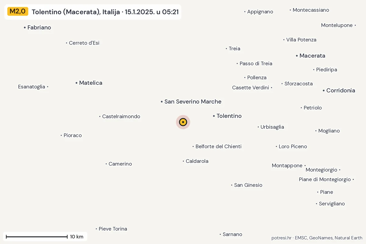 Karta: okolica epicentra, 60 km, potres M2,0, Tolentino (Macerata), Italija, 15.1.2025.