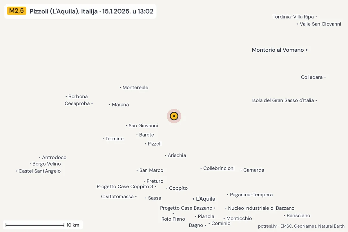 Karta: okolica epicentra, 60 km, potres M2,5, Pizzoli (L'Aquila), Italija, 15.1.2025.