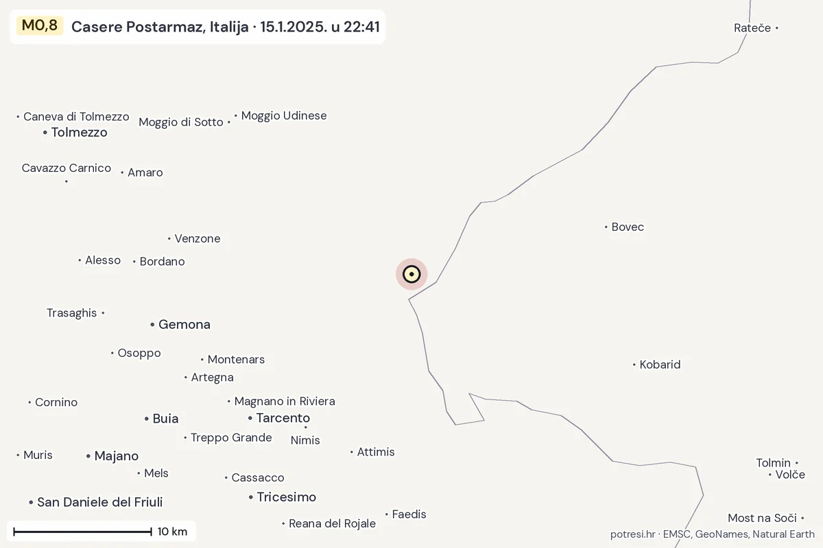 Karta: okolica epicentra, 60 km, potres M0,8, Casere Postarmaz, Italija, 15.1.2025.