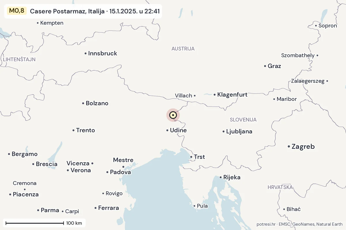 Karta: šire područje, 600 km, potres M0,8, Casere Postarmaz, Italija, 15.1.2025.