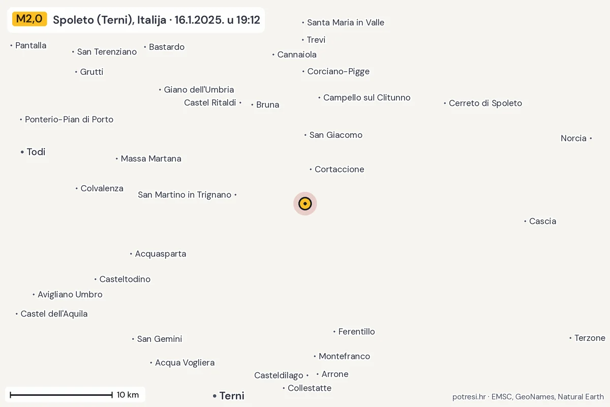 Karta: okolica epicentra, 60 km, potres M2,0, Spoleto (Terni), Italija, 16.1.2025.