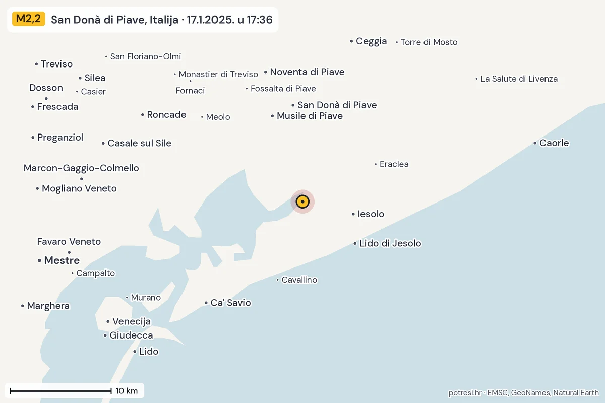 Karta: okolica epicentra, 60 km, potres M2,2, San Donà di Piave, Italija, 17.1.2025.