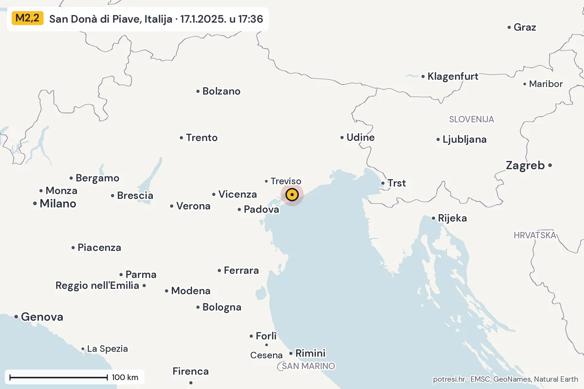 Karta: šire područje, 600 km, potres M2,2, San Donà di Piave, Italija, 17.1.2025.