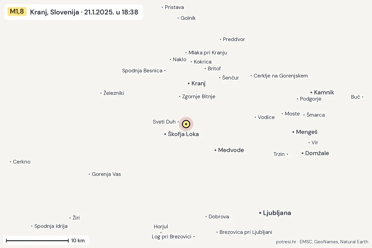 Karta: okolica epicentra, 60 km, potres M1,8, Kranj, Slovenija, 21.1.2025.