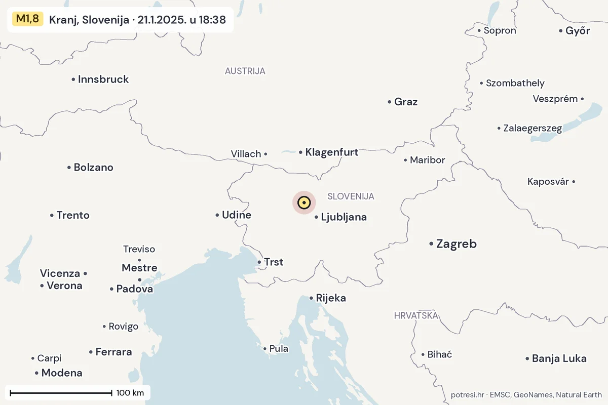 Karta: šire područje, 600 km, potres M1,8, Kranj, Slovenija, 21.1.2025.