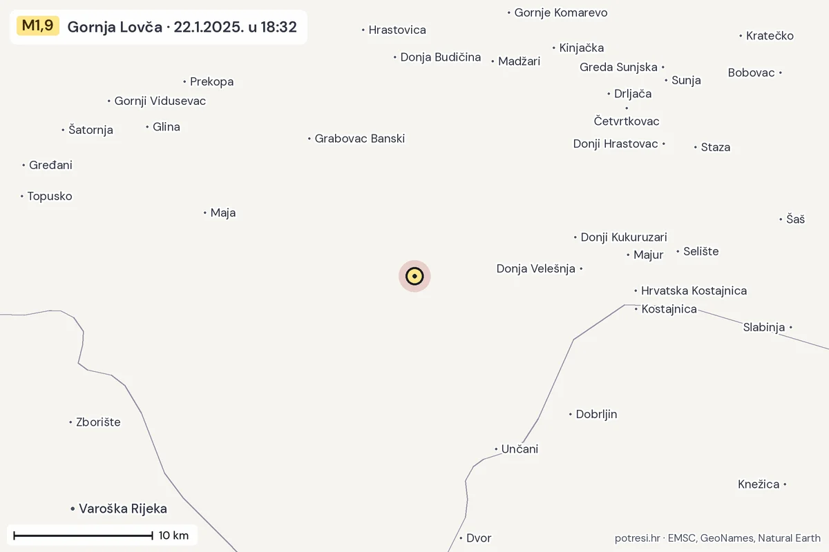 Karta: okolica epicentra, 60 km, potres M1,9, Gornja Lovča, 22.1.2025.