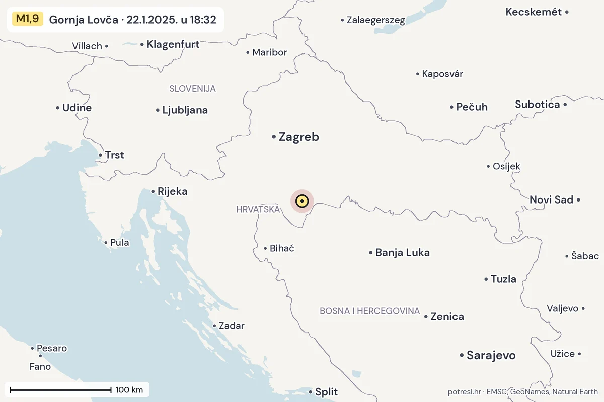 Karta: šire područje, 600 km, potres M1,9, Gornja Lovča, 22.1.2025.