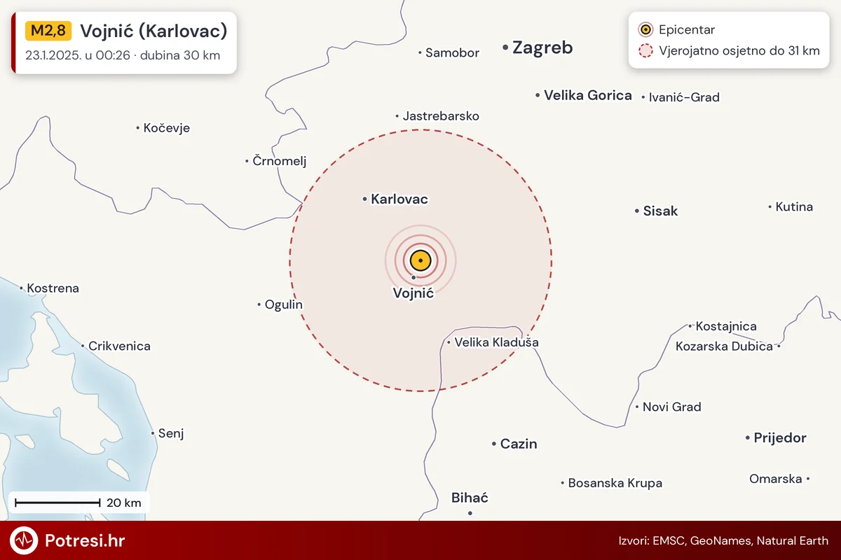 Karta: šire područje i vjerojatni doseg osjeta, potres M2,8, Vojnić (Karlovac), 23.1.2025.