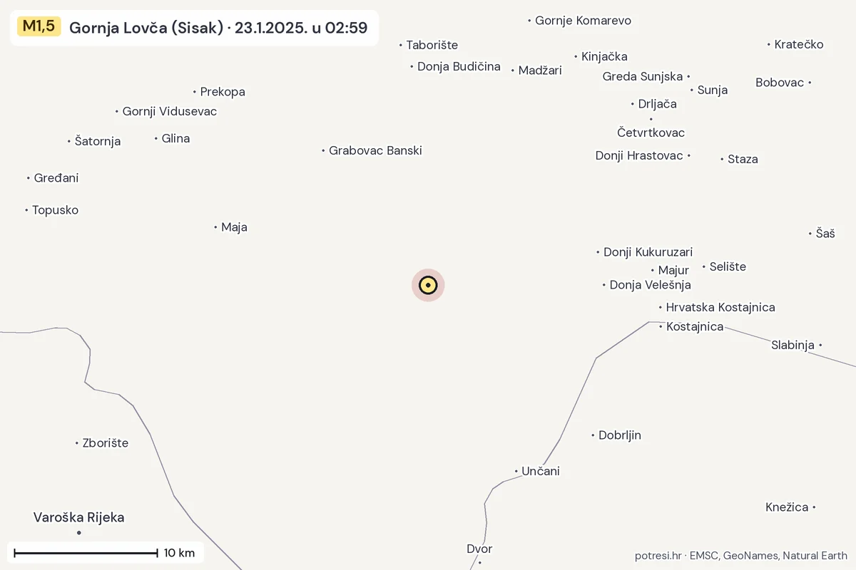Karta: okolica epicentra, 60 km, potres M1,5, Gornja Lovča (Sisak), 23.1.2025.