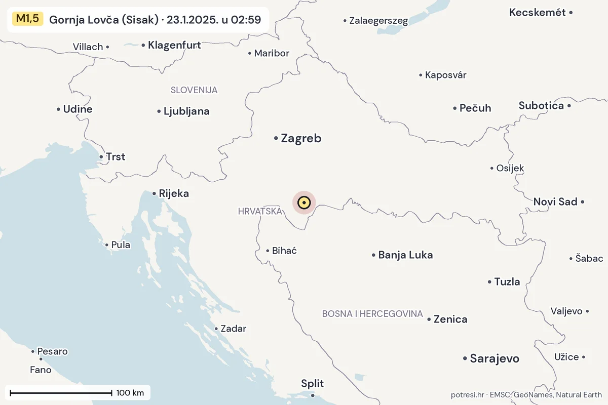 Karta: šire područje, 600 km, potres M1,5, Gornja Lovča (Sisak), 23.1.2025.